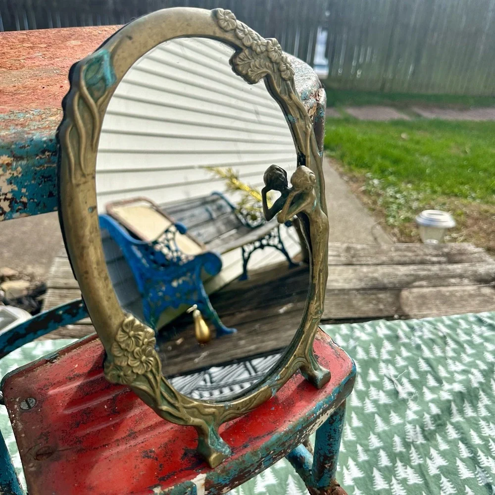 Antique Art Nouveau Brass Vanity Table Top Footed Mirror Lady by the Lake
